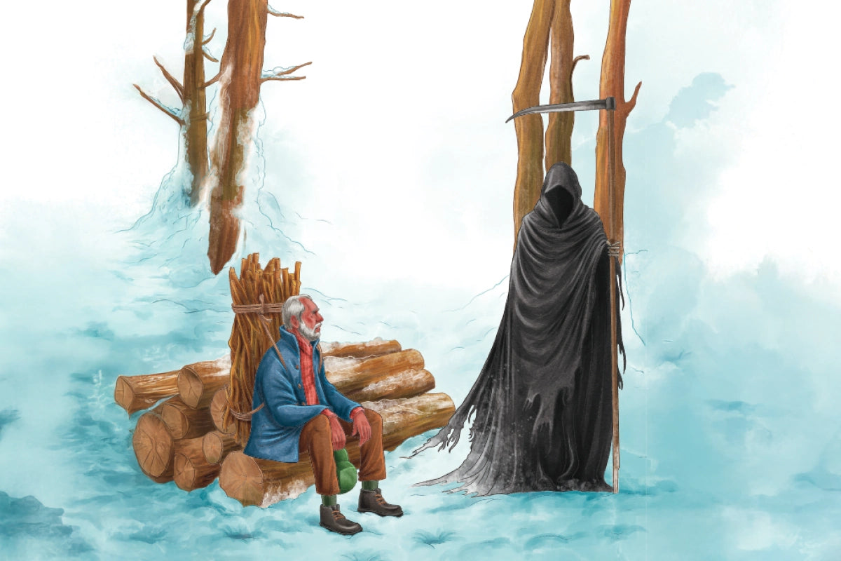 Illustration of a person sitting on logs in a snowy landscape with a hooded figure approaching.