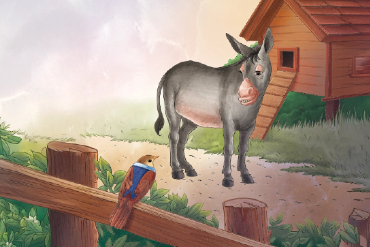 Donkey standing next to a wooden fence with a bird on it, in front of a wooden shed.