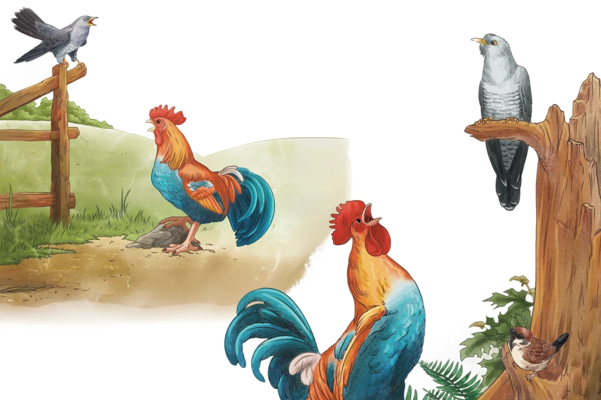 Illustration of roosters and a pigeon in a farm setting