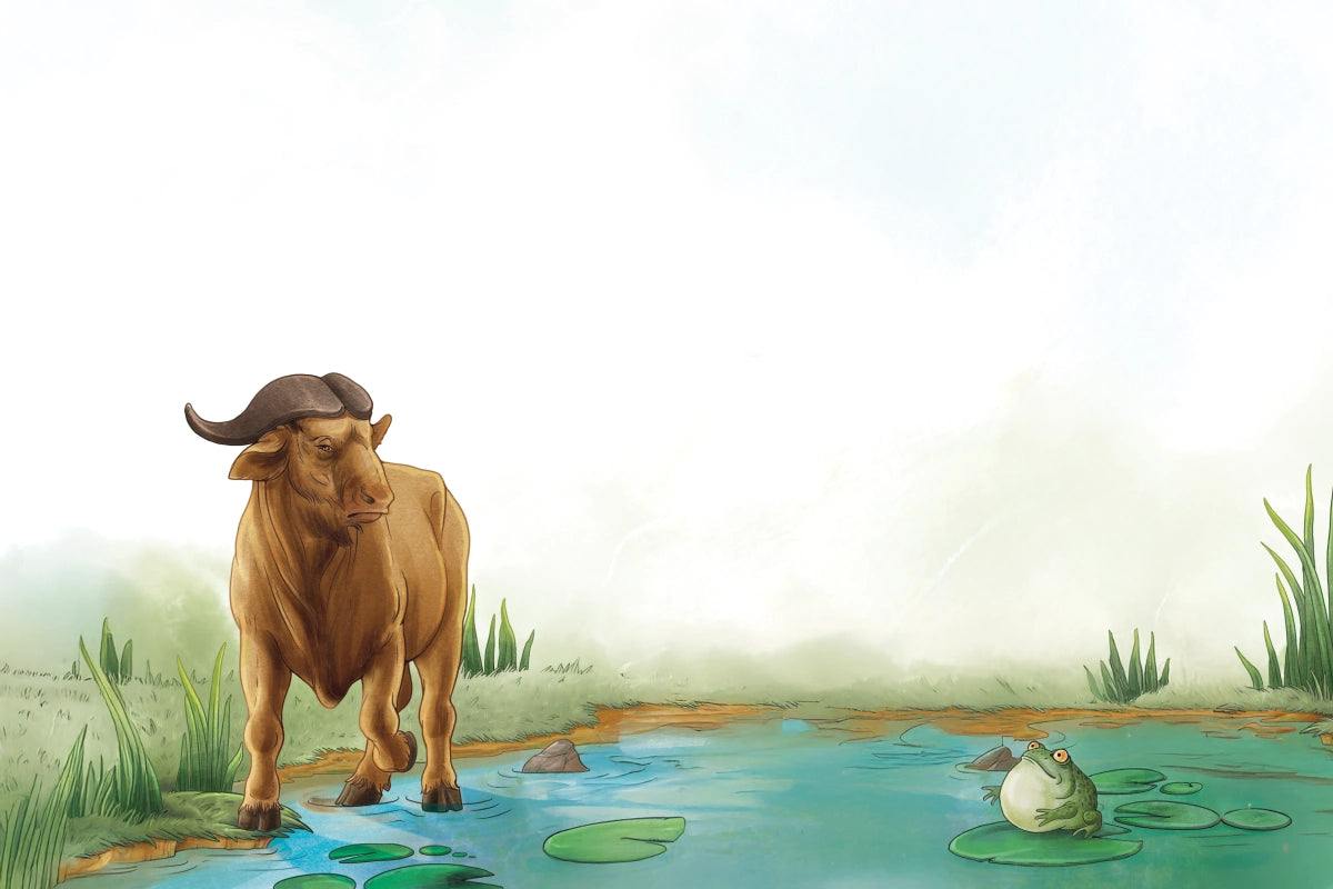 Illustration of a bull and a frog by a pond with lily pads.