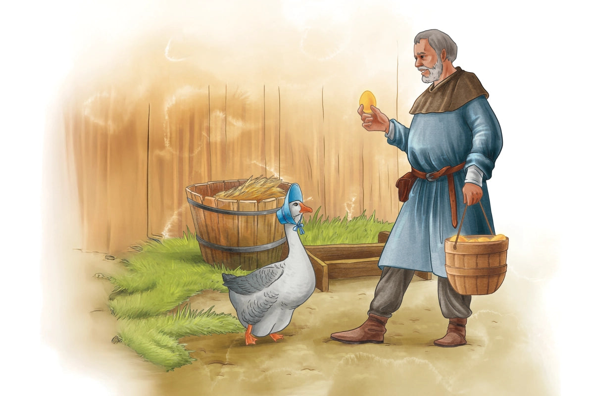 Illustration of a man with a goose and a basket, set against a wooden fence background.