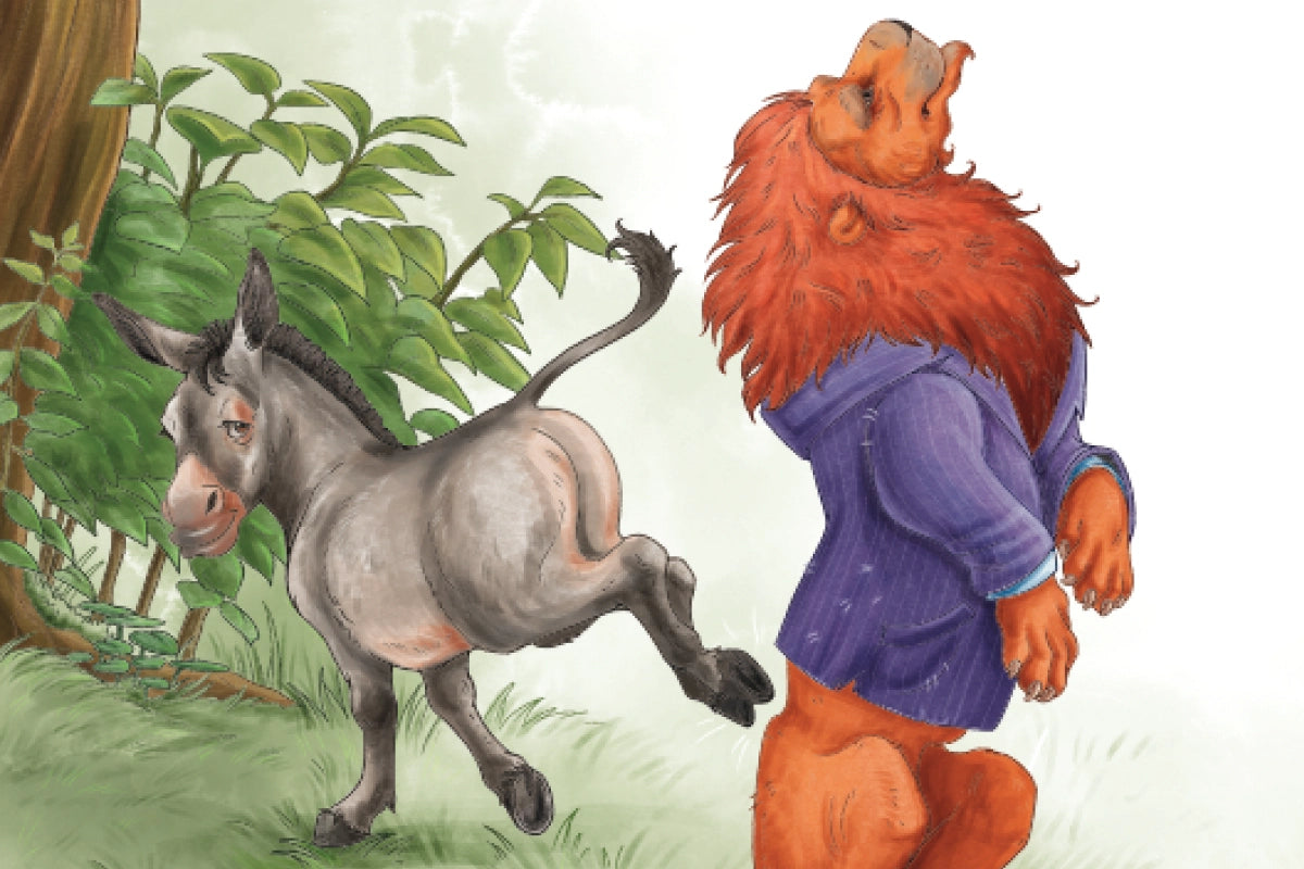 A donkey prepares to kick an old lion
