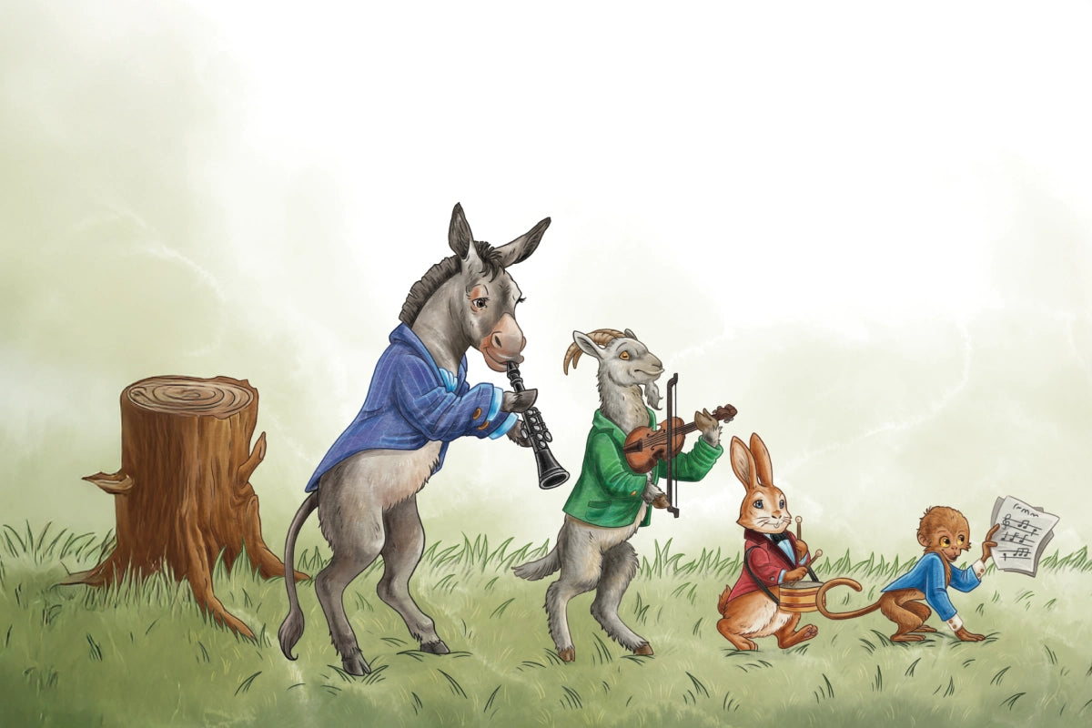 Illustration of animals playing musical instruments with a donkey, rabbit, and mouse.