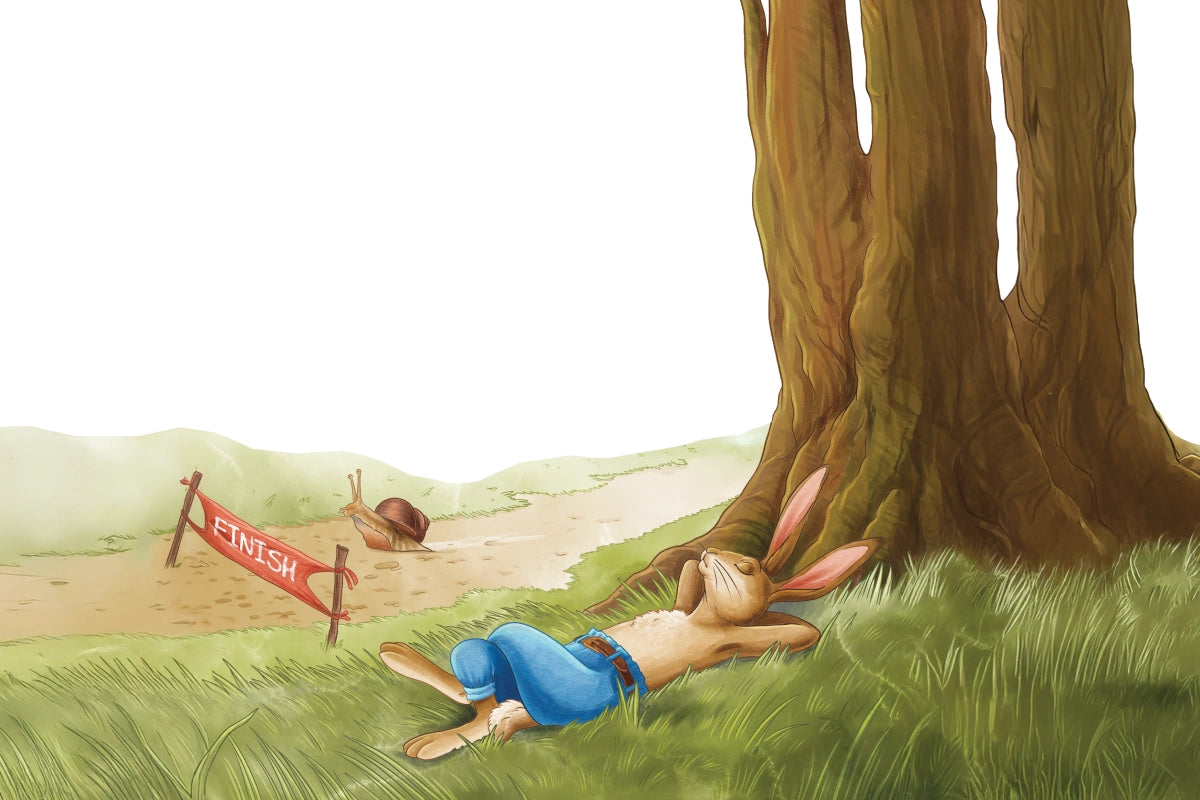 A rabbit sleeps as a snail finishes a race