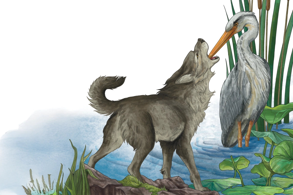 A crane helps pull a bone out of a wolf's throat