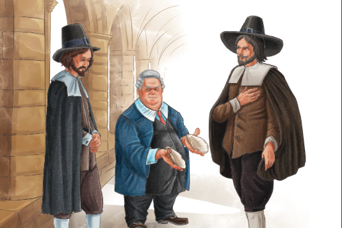 Three men in historical clothing standing in a hallway.