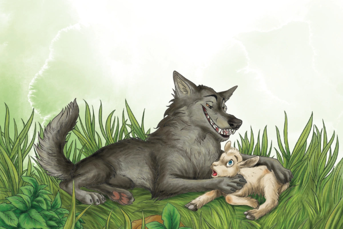 a wolf hugs a young lamb