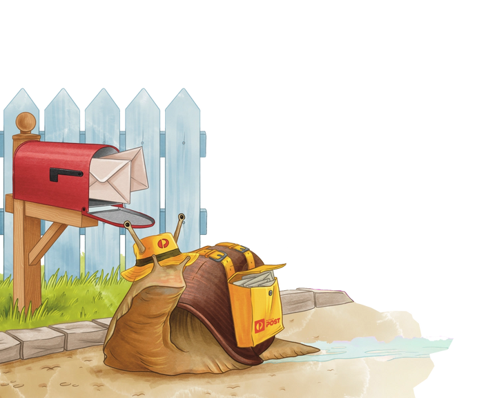 Illustration of a snail with a yellow helmet and backpack delivering mail from a red mailbox.