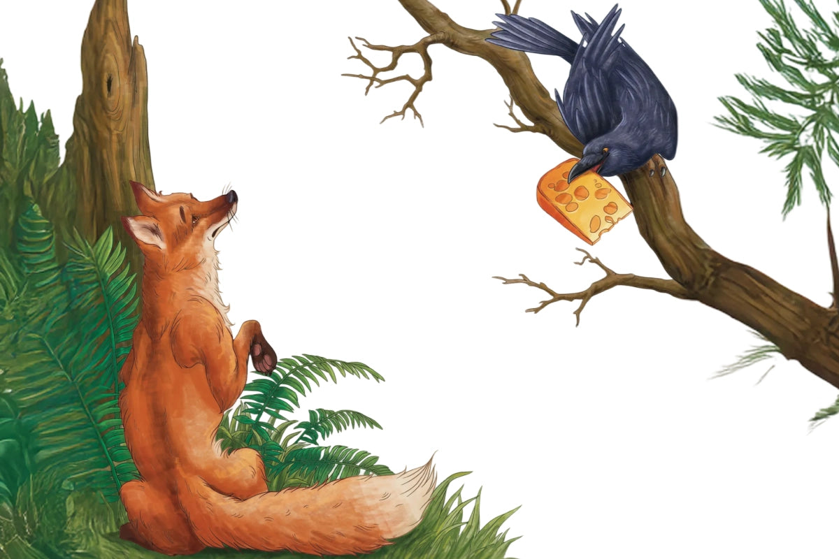 Illustration of a fox and a crow with cheese in a forest setting
