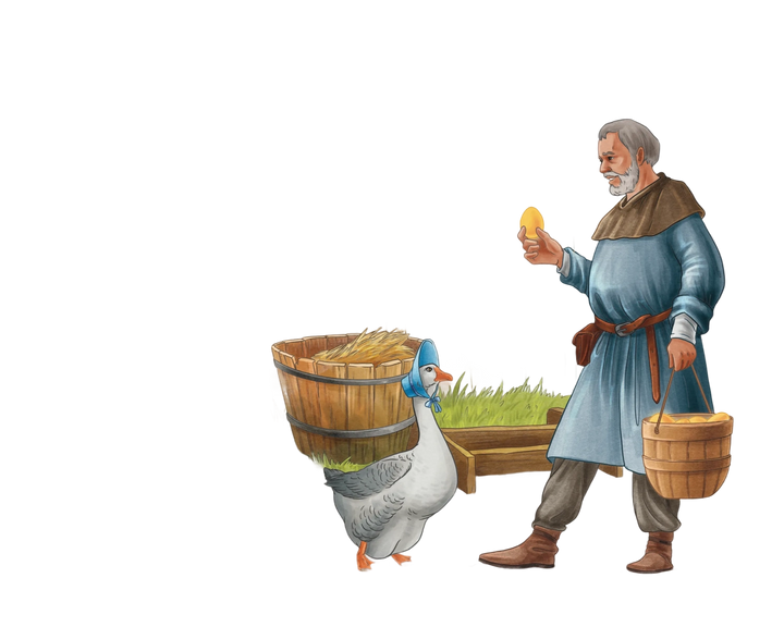 Illustration of a man with a goose and a barrel on a white background