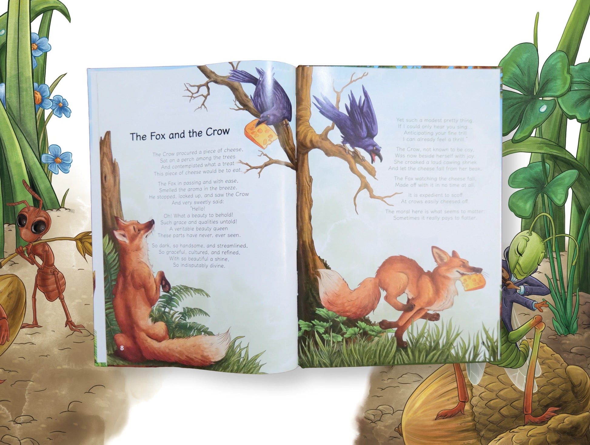 Open book with illustrations of a fox and a crow in a forest setting