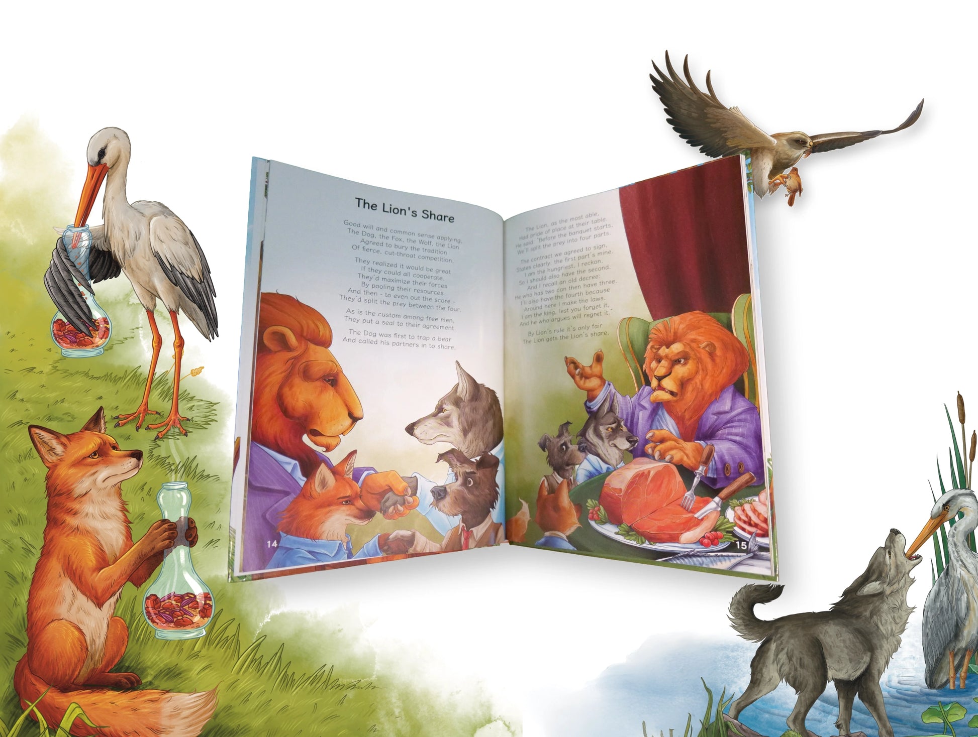 Illustrated book open to a page with animals around it