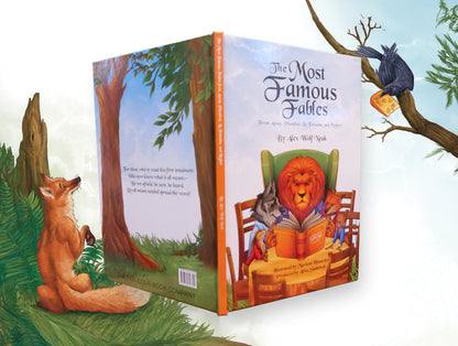 Book titled 'The Most Famous Fables' with illustrations of animals in a forest setting.