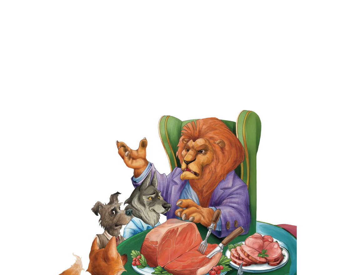Cartoon lion sitting at a table with other animals around, eating a meal.