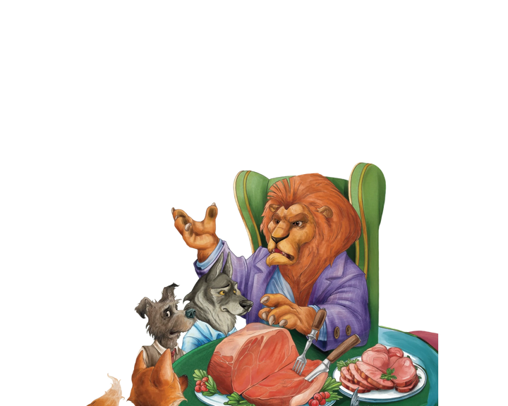 Cartoon lion sitting at a table with other animals around, eating a meal.
